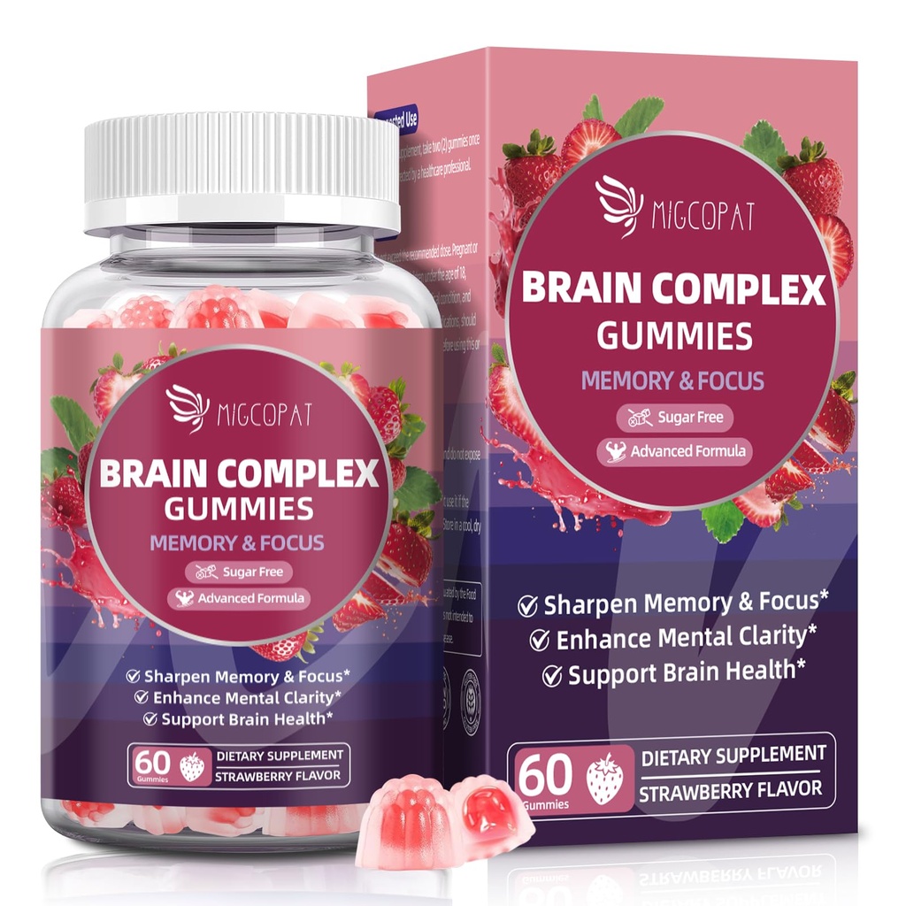 Migcopat Cerveau Suppléments pour mémoire et focus – Gummies Nootropiques avec/Bacopa, Lion, Mane, Ginkgo & 10-en-1 Complexe de champignons, Clarté mentale et soutien cognitif, Fraise sans caféine Flavor 60 Cts
