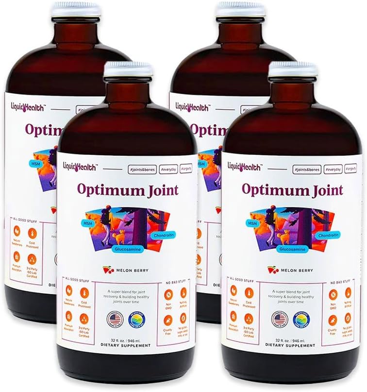 LIQUIDHEALTH Optimum Joint Support Liquid Multivitamin mit Glucosamin, Chondroitin, MSM, Hyaluronsäure - Erhöhen Sie Mobilität, Joint Comfort, für Läufer & Athleten - Made in USA, Vegan (4 Pack)