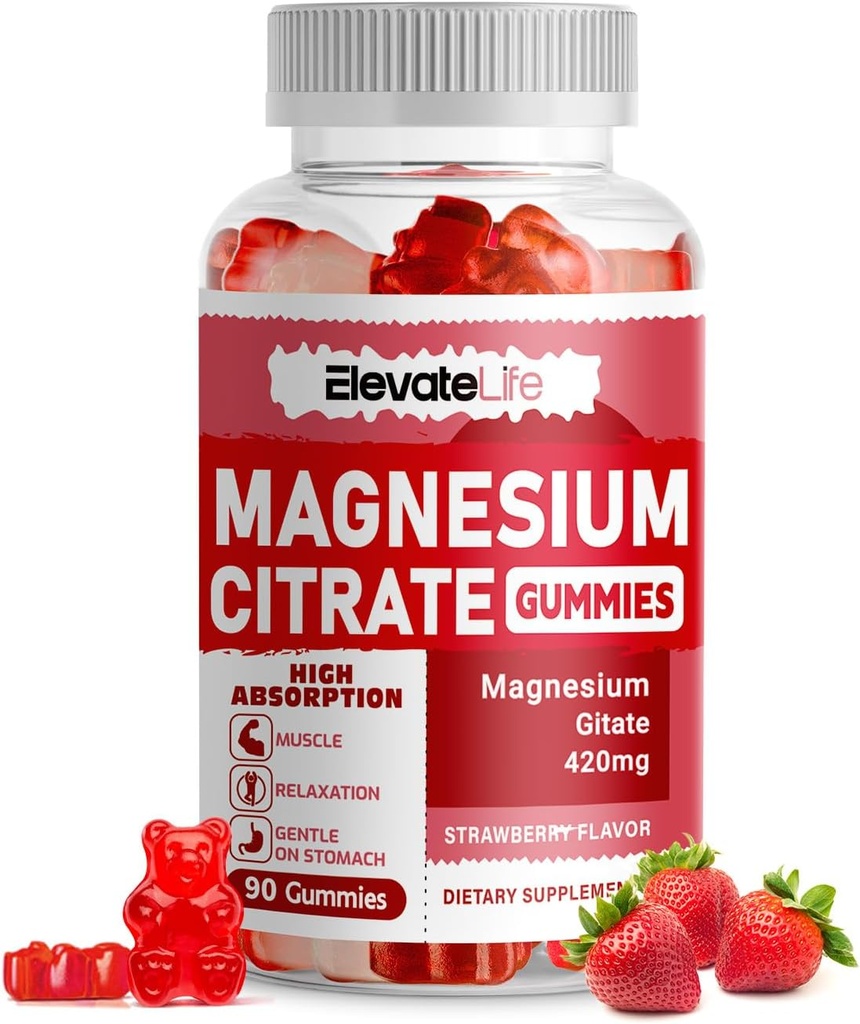 Glycinat de magnésium Gommies 1000mg - Supplément de potassium de magnésium sans sucre avec vitamine D, B6, CoQ10 pour l'humeur calme et le soutien du sommeil - 60 Gommies de fraise