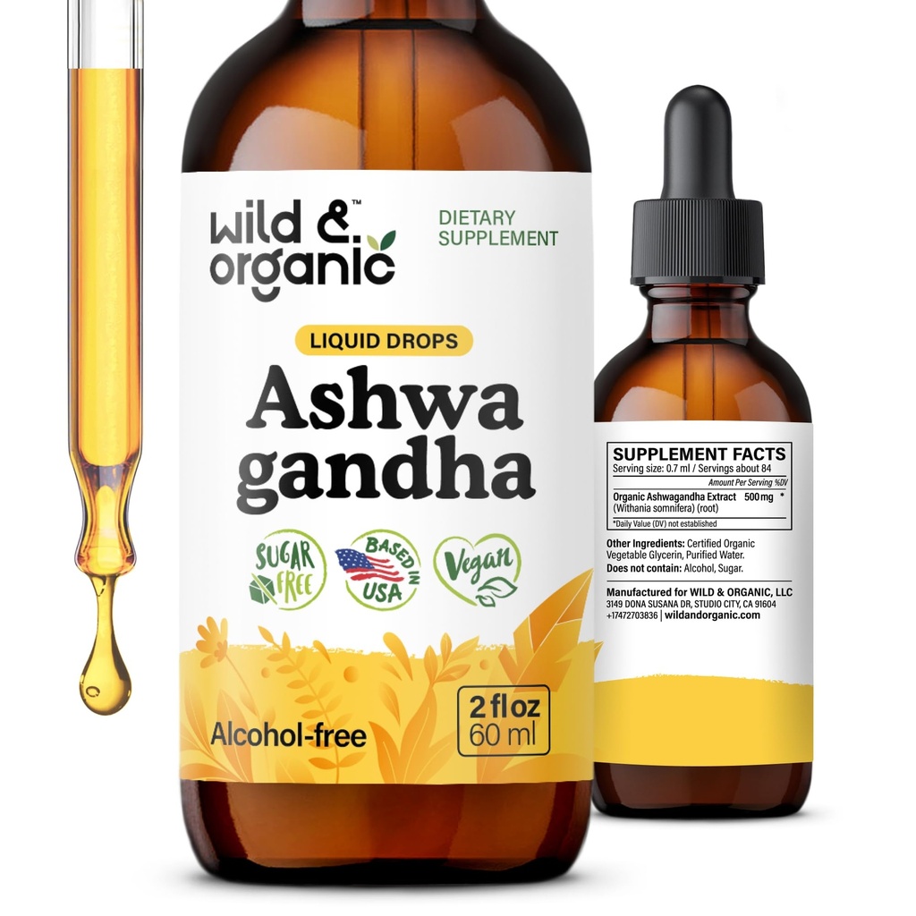Wild & Organic Ashwagandha Liquid Drops - Calming Ashwagandha Root Extract for Relaxation - 1-Monats-Versorgung - Kräuter-Ergänzungen für Frauen und Männer - Vegan, Zucker & Alkoholfreie Tinktur - 2 fl oz
