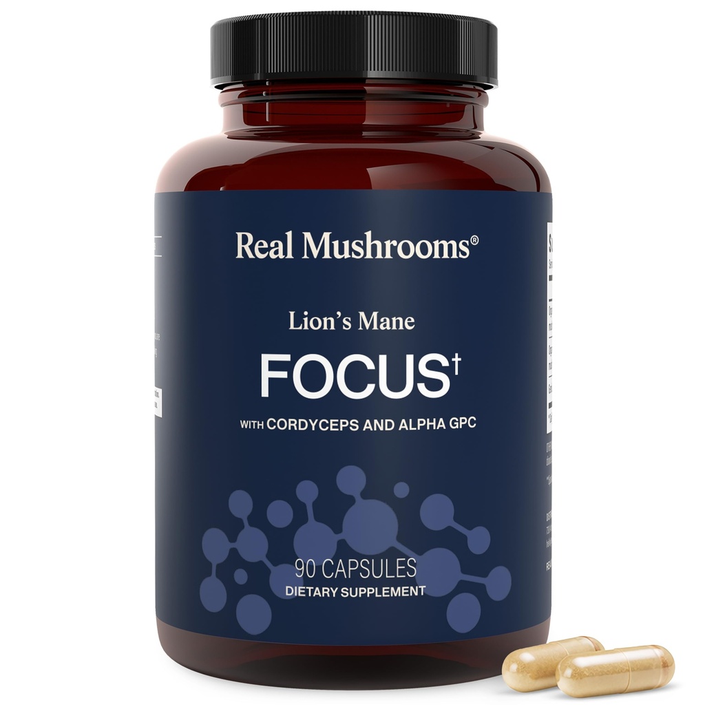 Real Mushrooms Lion’s Mane Focus Capsules (90 Count) – Organic Lions Mane Fruiting Body Extracts with 200mg Alpha GPC Choline for Mental Clarity & Daily Cognitive Function
