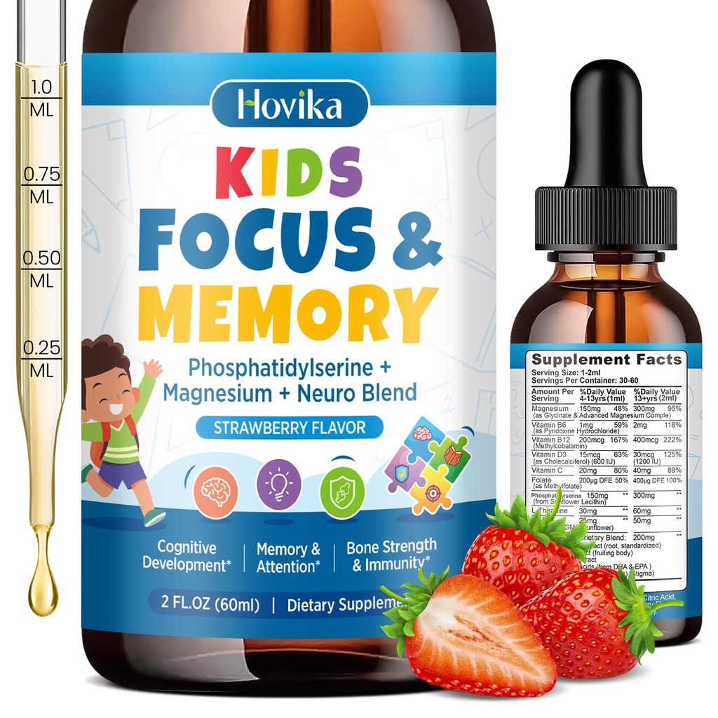 Kids Focus and Attention Supplements with Phosphatidylserine, L-Theanine, Omega-3 & Magnesium Glycinate - Kids Brain Vitamins Liquid Drops - Supports Concentration, Memory, Sleep & Mood, Strawberry