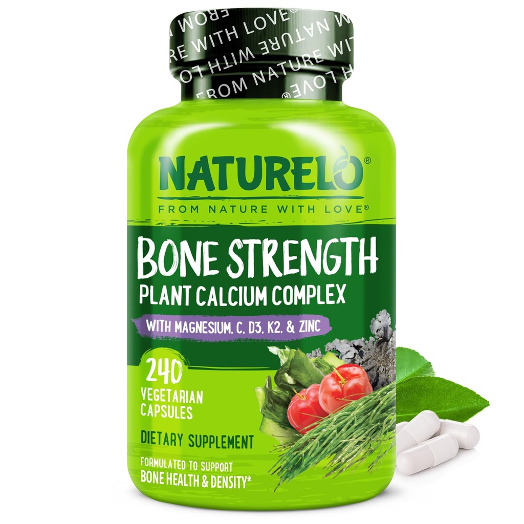 NATURELO Supplément de calcium - avec vitamine C, vitamine D3, K2 et zinc de magnésium de calcium pour la résistance des os avec calcium 600mg - à base végétale, 240 capsules végétariennes, non-OGM, sans soja et sans gluten