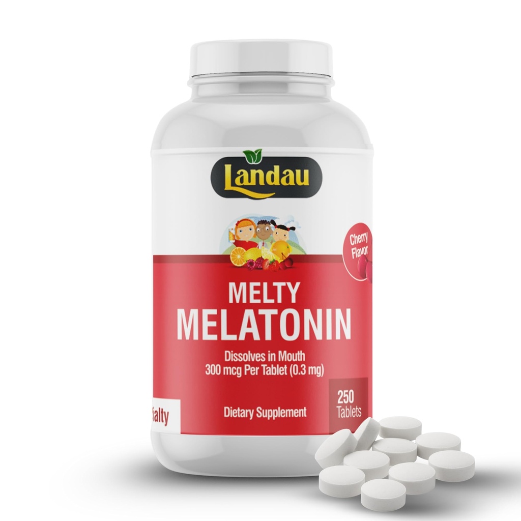 LANDAU Melty Melatonin Schnell auflösen Tabletten, hilft Ihnen, schneller einzuschlafen, einfach zu nehmen, löst sich im Mund, Kirschgeschmack, 0,3 mg - 300 mcg (250)