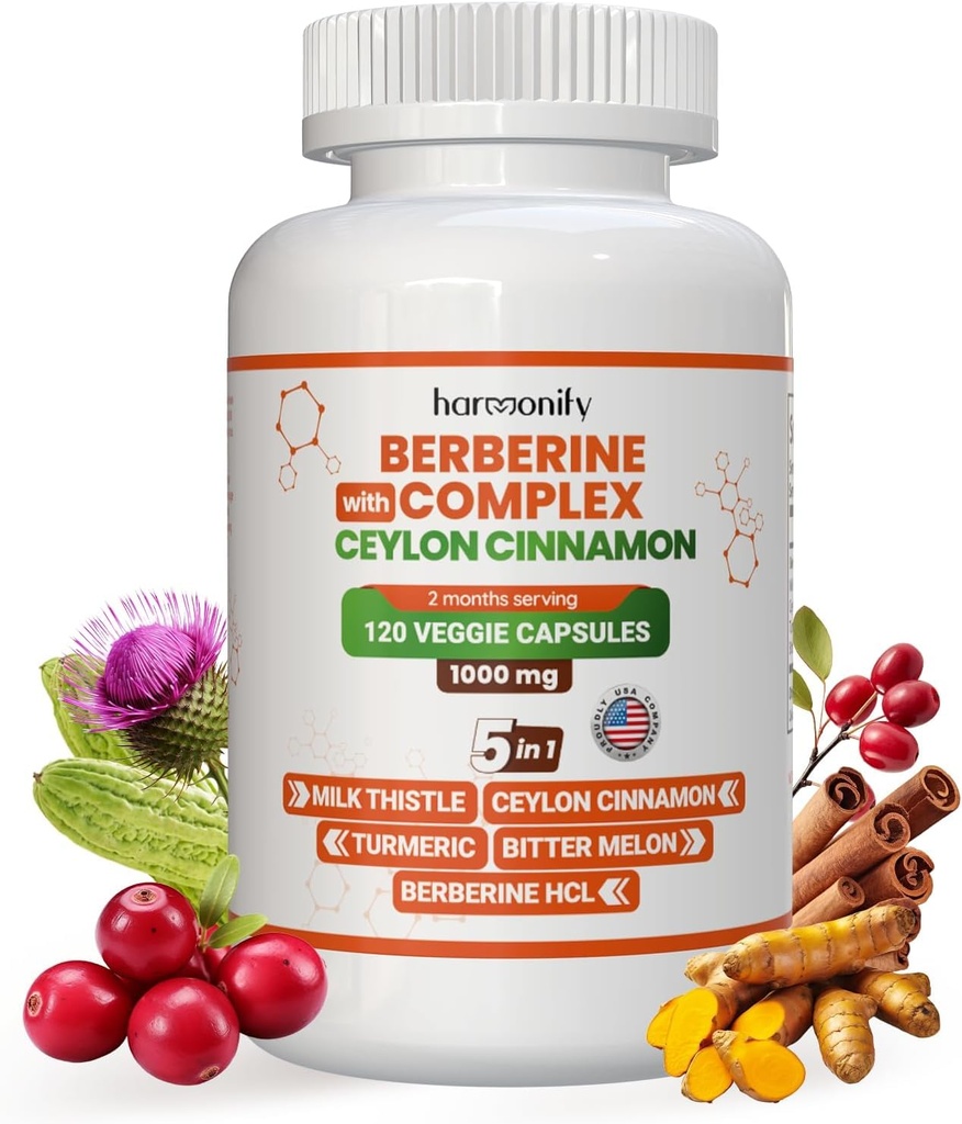Berberine Supplement with Ceylon Cinnamon, Milk Thistle, Turmeric, Bitter Melon Complex, 120 Capsules, 1000 mg, Vegan, Non-GMO