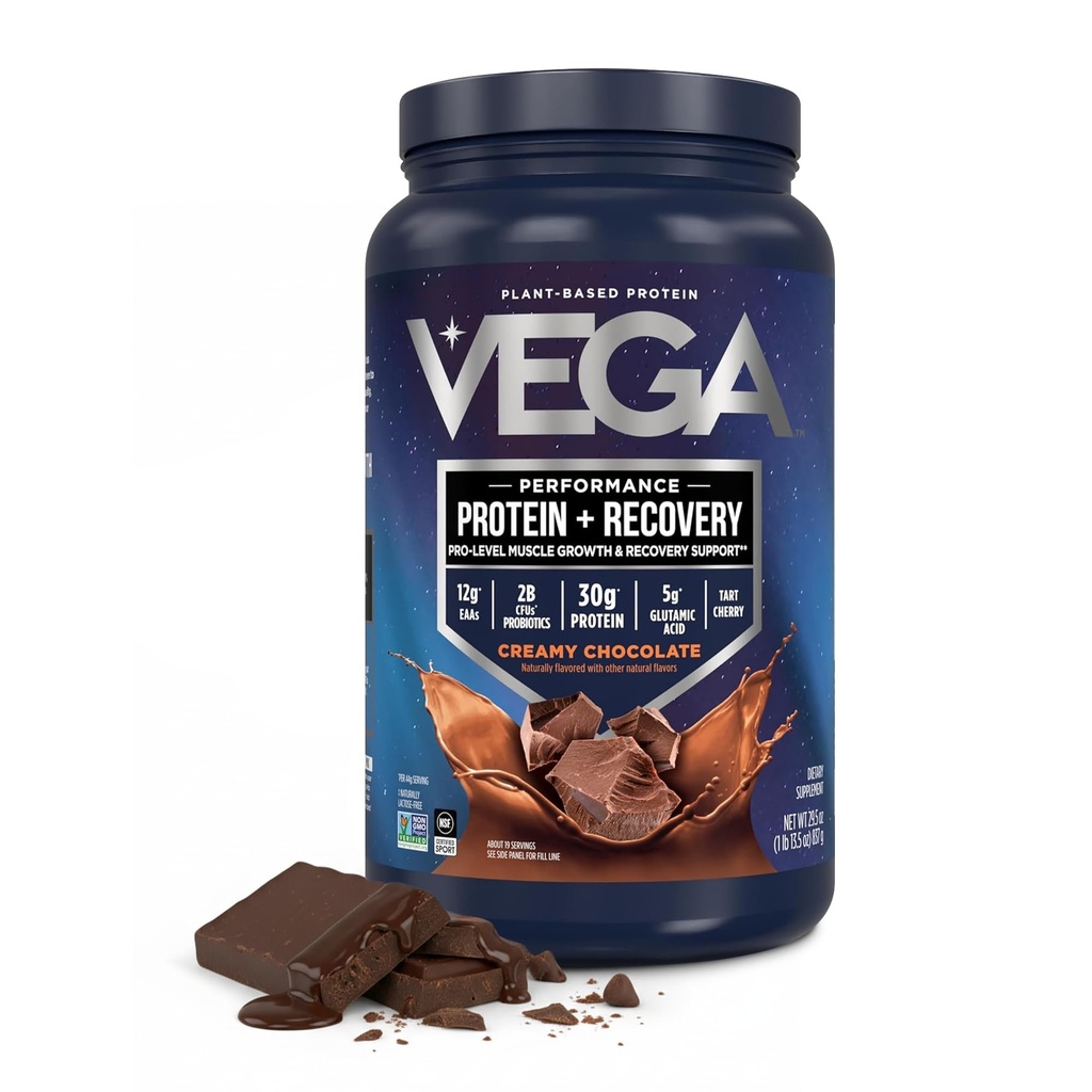 Vega Sport Vegan Protein Powder + Recovery - 30g Plant Based Protein per Serving, Cioccolato, 19 Servings, 5g BCAAs, Probiotics, NSF Certified, For Shakes & Smoothies, 1.8lbs (Packaging May Vary)