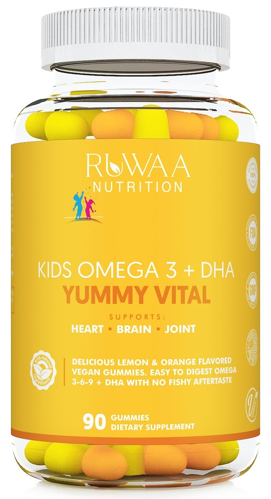 RUWAA NUTRITION Omega 3, DHA, Plant-Based 3 6 9 + Vitamin C: Immune Support, Heart, Brain, Eye & Joint Supplement, Vegetarian, Gluten Free, Non-GMO, 90 Gummies (1)