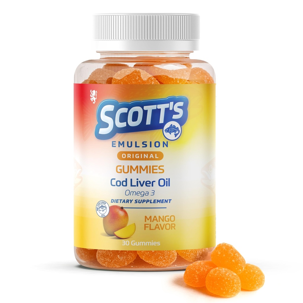 SCOTT'S EMULSION Omega 3 Gummies for Kids – Mango Flavor – Fish Oil + Iron – Immune Support & Brain Health – Kids Multivitamin with Iron – Easy-to-Take Cod Liver Oil Alternative – 30 Gummies