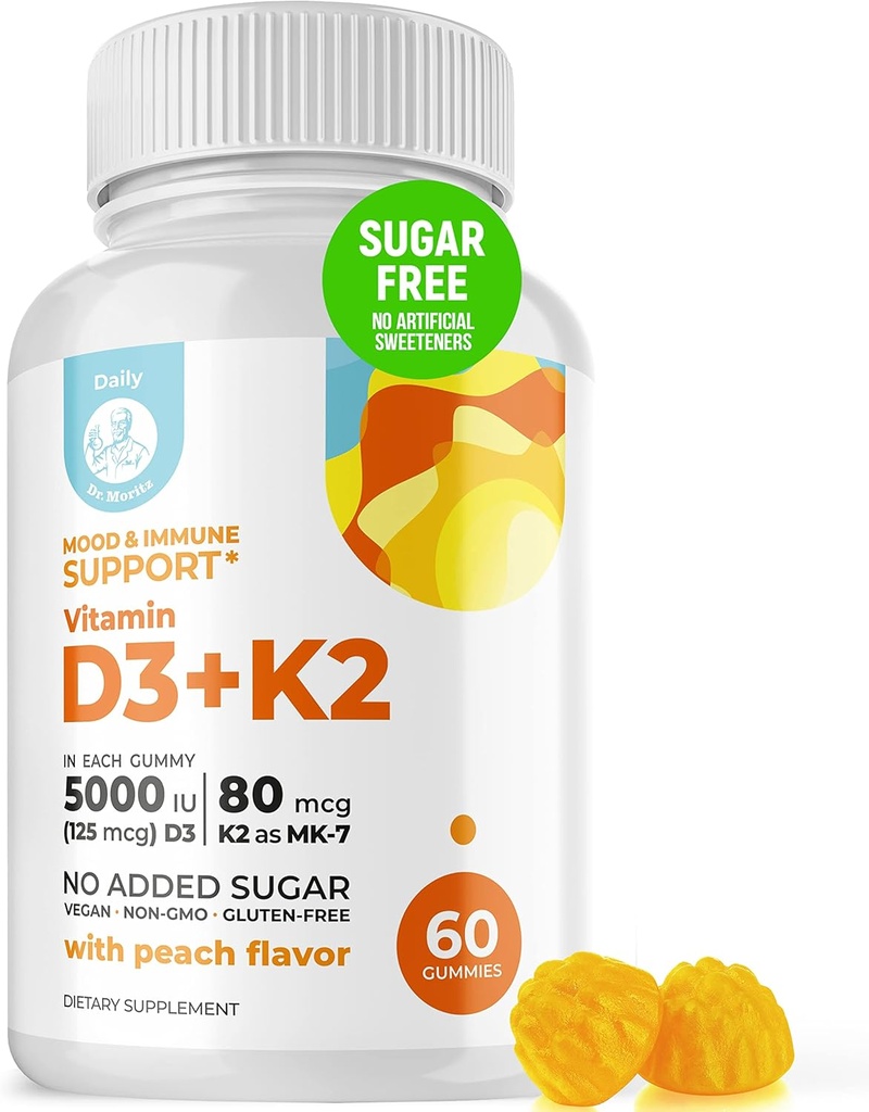 DR. MORITZ Vitamine D3 Gummies (5000 UI) avec K2 - pour les adultes et les enfants - Vitamine D3 K2 Gummies pour le soutien immunitaire et la santé des os - végétalien, sans sucre, sans gluten (60 Nombre)