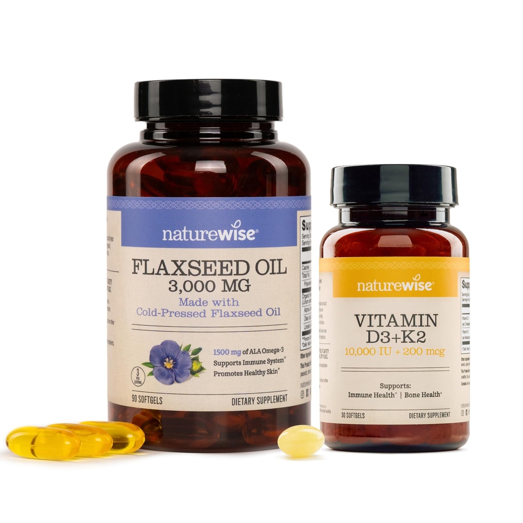 NatureWise [1] Flaxseed Oil 3000 mg - 1500 mg ALA, Organic - 90 Softgels[30-Day Supply] + [1] Vitamin D3 10,000 IU + K2 (MK7) - Non-GMO - 30 Mini Softgels[30-Day Supply]