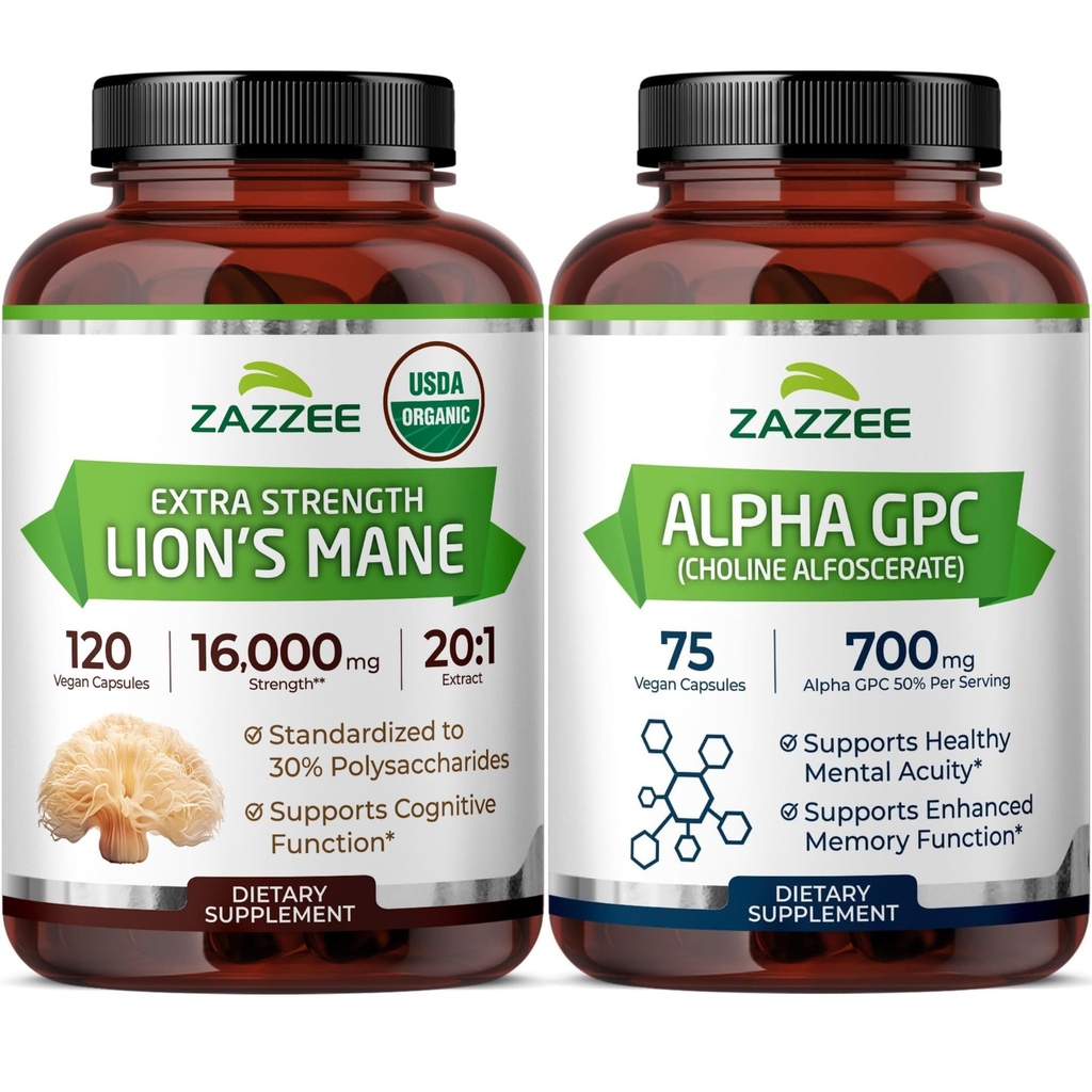 Zazzee Alpha GPC and Organic Lions Mane Supplement Capsules | Alpha GPC Choline Plus High Potency Lions Mane Extract | Nootropic Brain Support Bundle