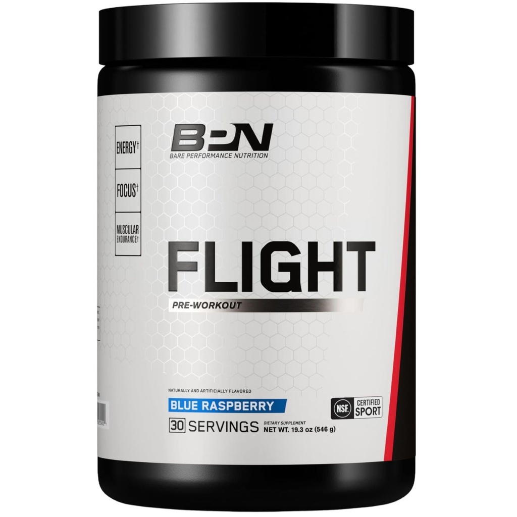 Bare Performance Nutrition BPN Flight Pre Workout, Supports Energy and Mental Focus, Improved Endurance & Muscle Pumps with CarnoSyn® Beta Alanine, Blue Raspberry, 30 Servings