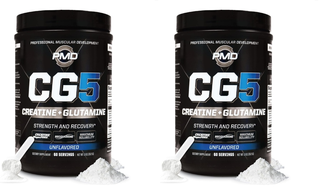 PMD Sport CG5 Premium Creatine & L Glutamine Pulver, Energierückgewinnung, Lean Muscle bauen, Workout-Leistung erhöhen, maximale Stärke Pre Workout & Post Workout, Unflavored, 60 Portionen (Pack von 2)