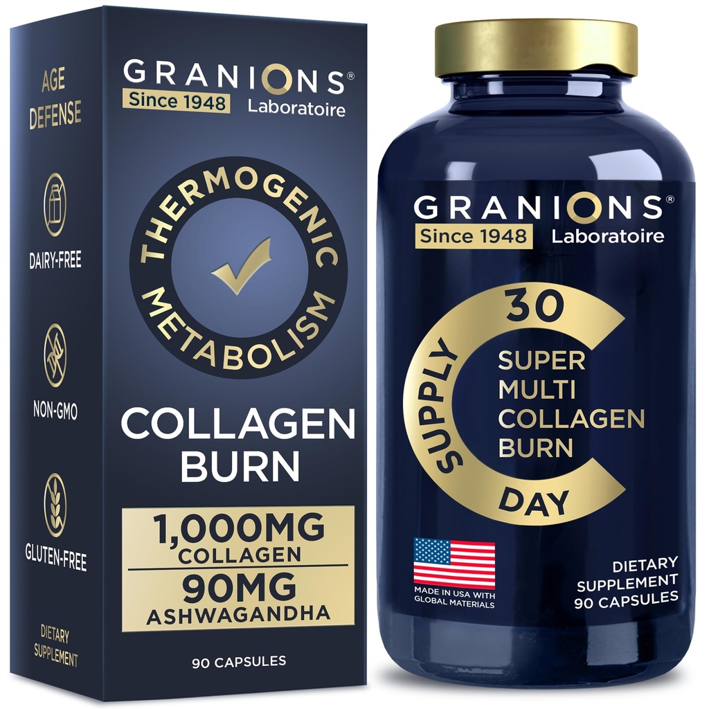 Granions Thermogenic hydrolyzed Collagen Burn - Hyaluronsäure, Vitamin C - Cellulite Defense und Dermal Repair Multi Collagen Peptide Kapseln für Frauen und Männer - 90 Pillen