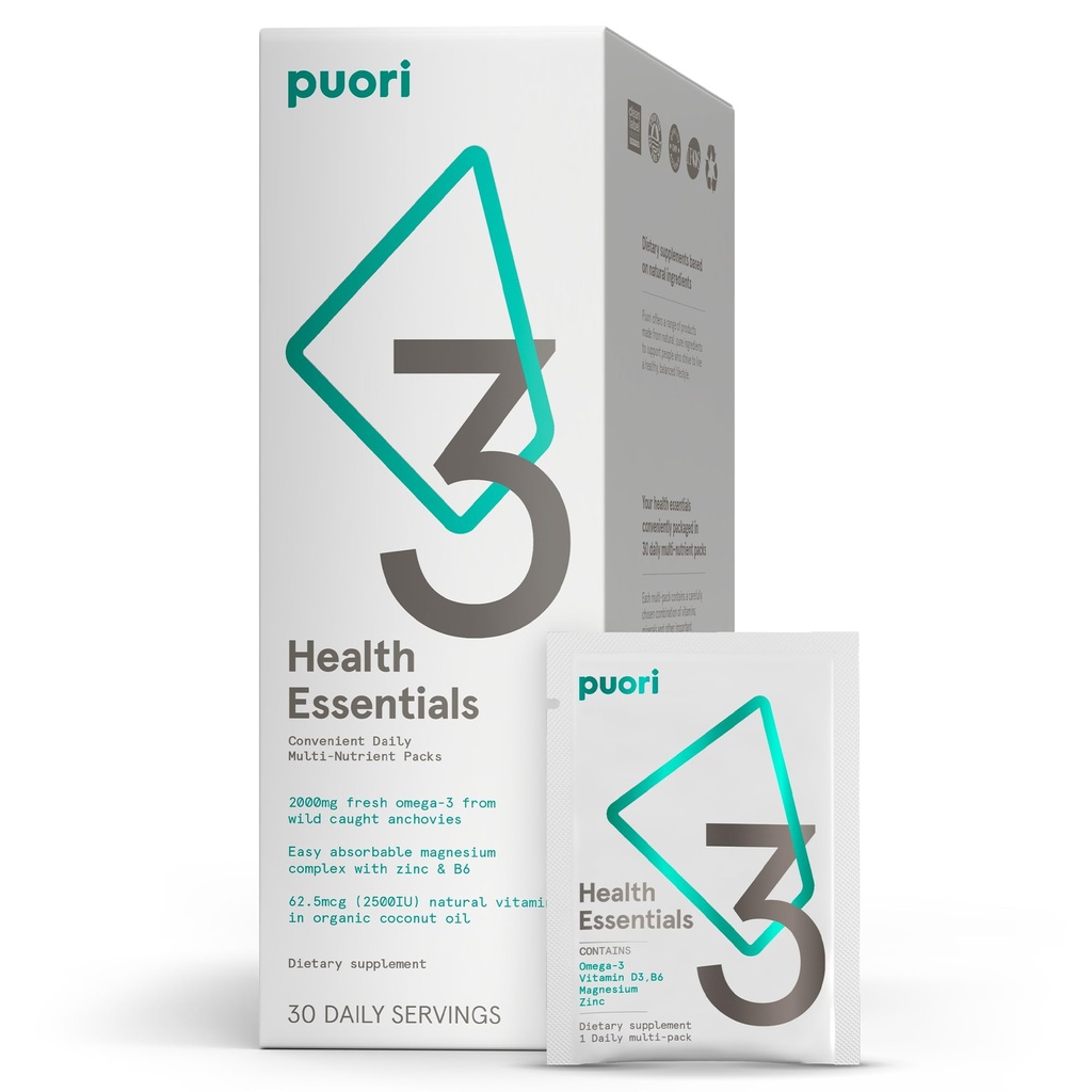 Puori P3 Essentiels de santé - Multivitamines pour les hommes et les femmes - 30 portions - Oméga 3, Vitamine D, Magnésium, Zinc - Multinutrient pour le cerveau et l'énergie
