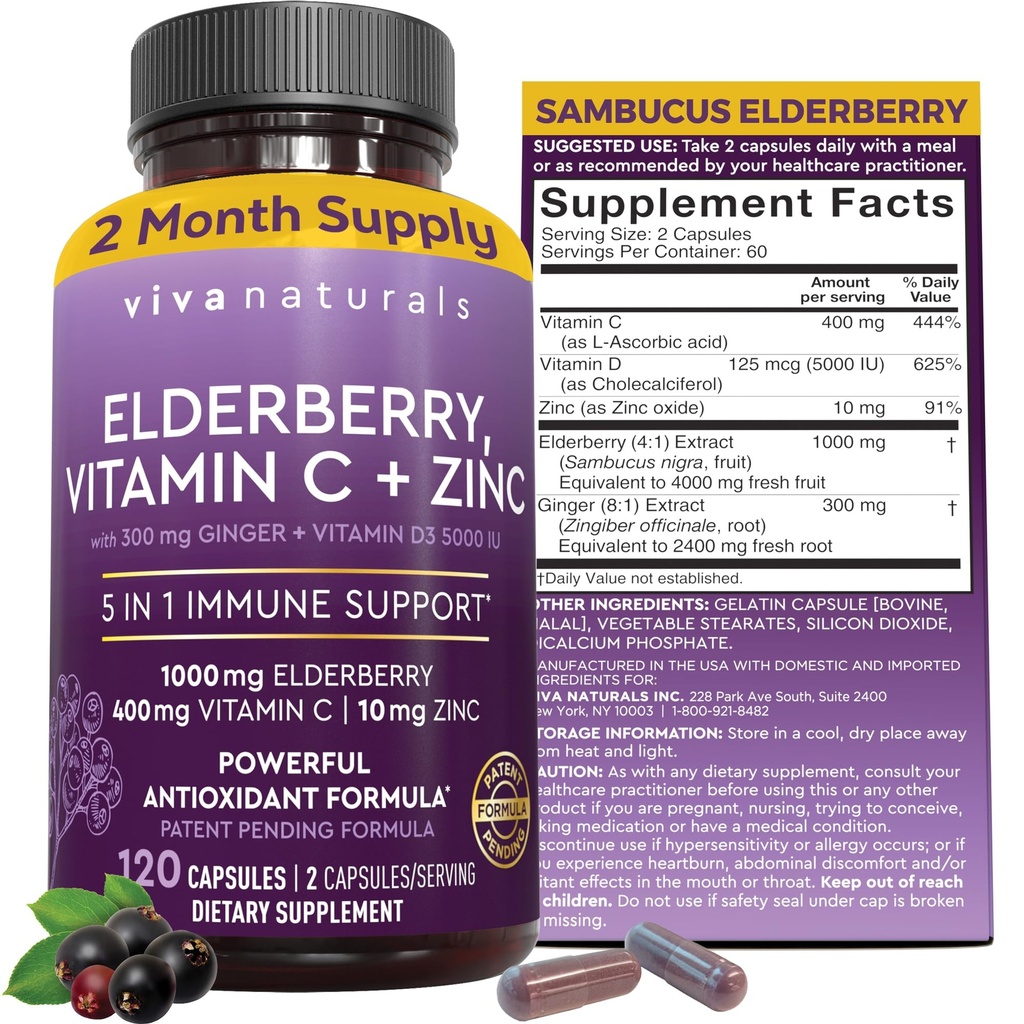 Viva Naturals Elderberry with Vitamin C and Zinc for Adults - 5 in 1 Sambucus Black Elderberry Capsules with Vitamin D3 5000 IU Immunity Supplement, Sambucus Elderberry Immune Support Supplement