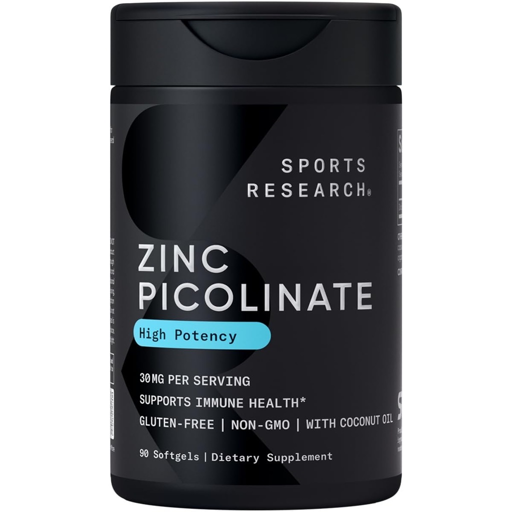 Sportforschung High Potency Zinc Picolinate 30mg mit Bio Kokosöl | Sehr saugfähige Zinkergänzung für gesunde Immun- und Enzymfunktion - Non-GMO Tested & Gluten-Free (90 Liquid Softgels)
