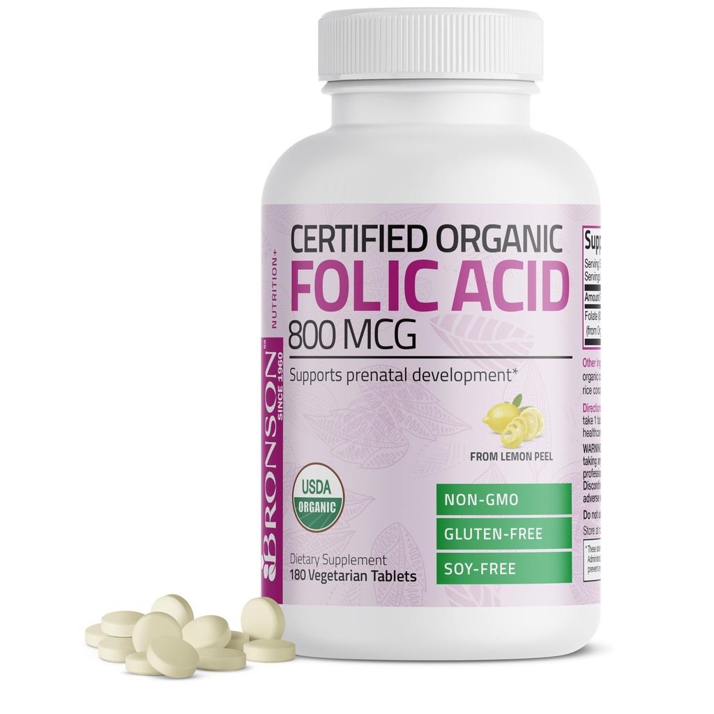 Bronson Organic Folic Acid (Vitamin B9 Folate) 800 mcg Folate da Limone Peel, 180 compresse