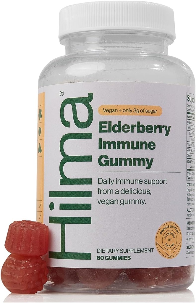 Hilma Elderberry Gummies Formuliert mit Vitamin C & Zink, Natürlich, Vegan, Klinisch bewährte Inhaltsstoffe, Immununterstützungsergänzung Plus Antioxidantien,Natürliche Berry Flavor (60 Gummi)