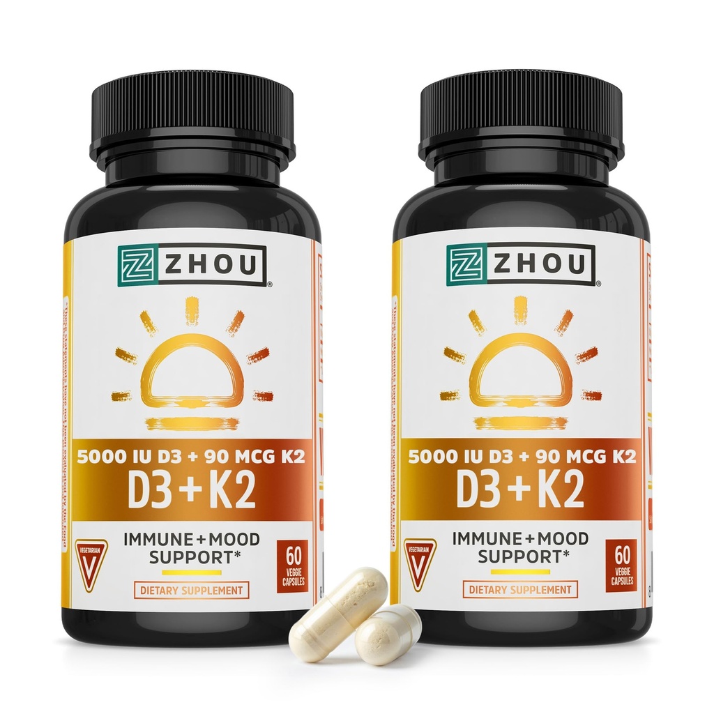ZHOU D3+K2 - Vitamin D3 K2 Supplement for Women & Men, Immune Support VIT D3 and K2 Supplements, Pure Vegetarian Formula with 5000 IU of VIT D and MK-7-60 Veggie Capsules (Pack of 2)