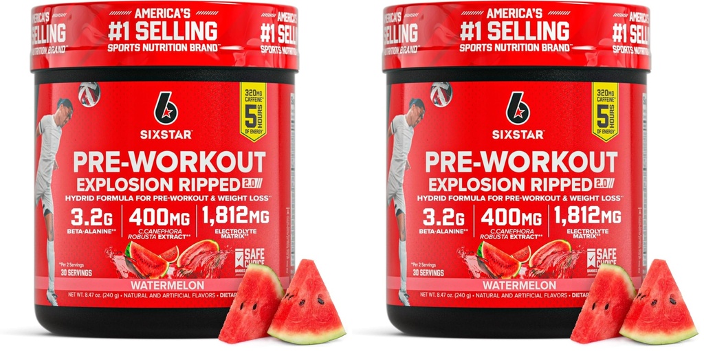 Six Star Pre-Workout Explosion,Watermelon (30 Serve)-Preworkout Energy Powder Supplement per Men&Women-Pre Workout Drink Mix con Creatine&Beta Alanine-Sports Nutrition Products,(Pack of 2)
