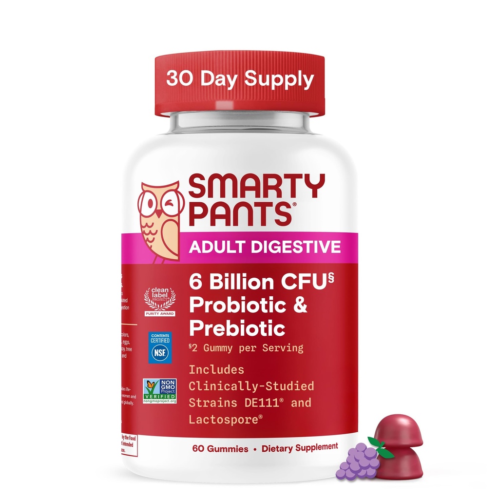 SmartyPants Erwachsene Probiotische & Präbiotische Gummis für Verdauungsgesundheit: 6 Milliarden CFU Gut Health Supplement, Klinisch Studied Prebiotic für Immununterstützung, Trauben, 60 Count (30 Tage Versorgung)