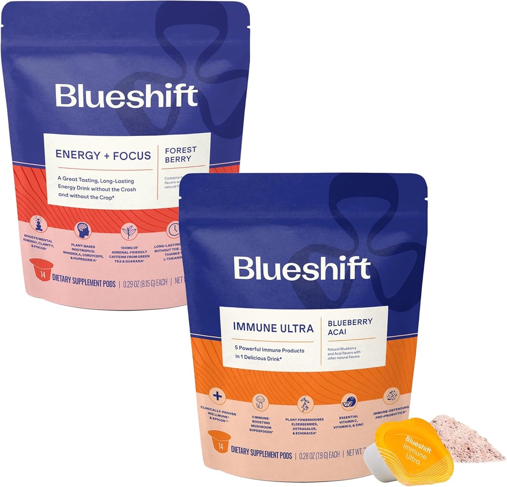 Blueshift Energy + Focus & Immune Ultra Bundle - Energy Drink Pods, Imune Support Poudre, Mélanges de boisson pour Energy & Immune Defense, Supplément Vitamine - Energy+Focus (14 Pack) & Immune Ultra (14 Pack)