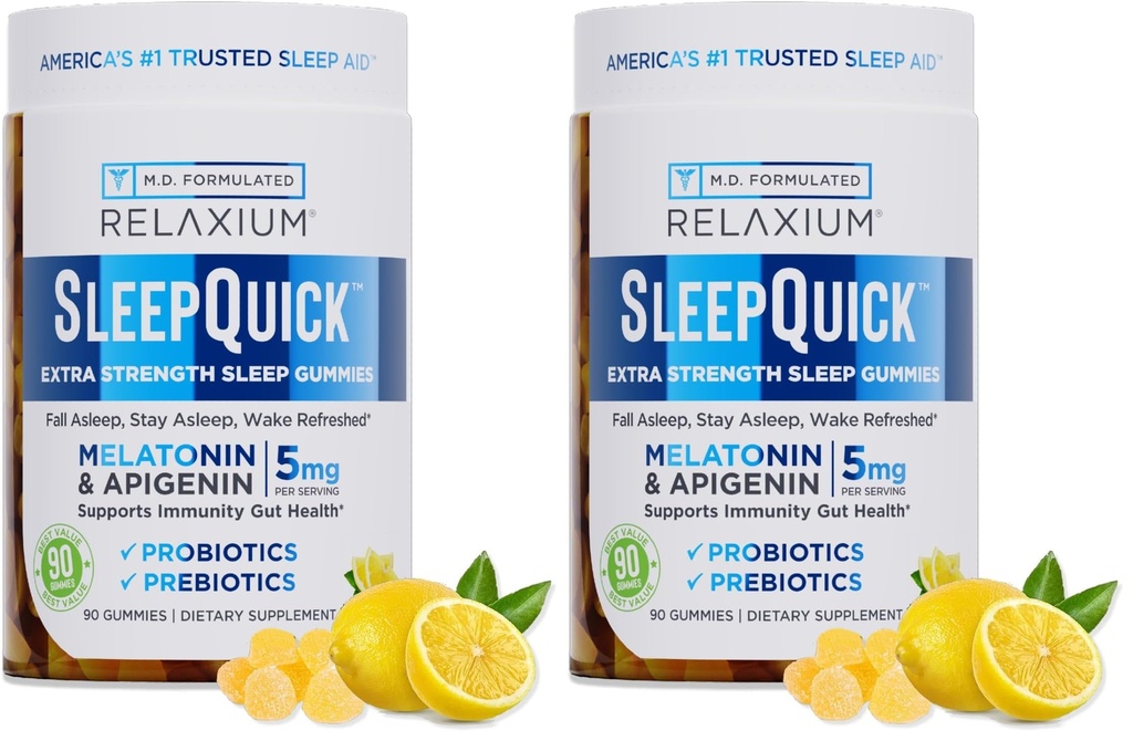 Relaxium SleepQuick Gummies - Sleep Aid + Gut Health & Immun Support, 5mg Melatonin, Vitamin D-3 + Prebiotic & Probiotic Blend, Gluten & Drug Free, Lemon Flavor, 90 Gummies (Paket von 2)