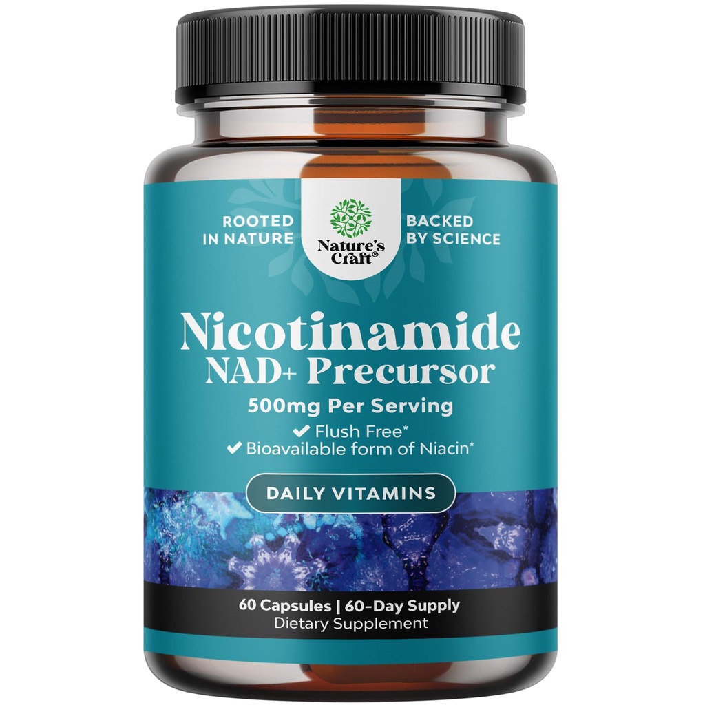 Vitamin B3 Niacinamid 500mg Kapseln - Mitochondriale Energie und potente Hautergänzung - Vitamin B3 Niacin Flush Free und Nicotinamid 500mg - Flush Free Niacin Supplement - 60 Count