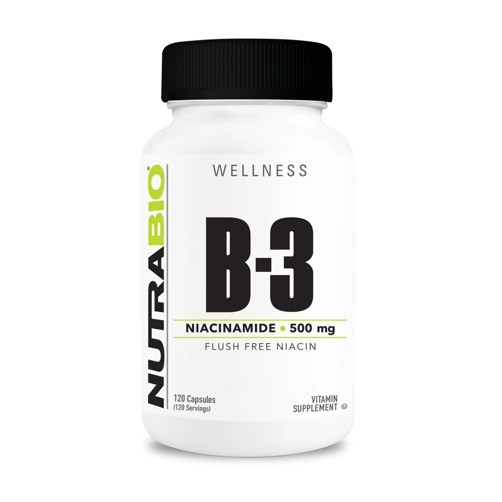 NutraBio Niacinamide Supplement for Normalized Blood Lipids, Better LDL & HDL Levels, Flush Free Vitamin B3, 500mg - 120 Vegetable Capsules