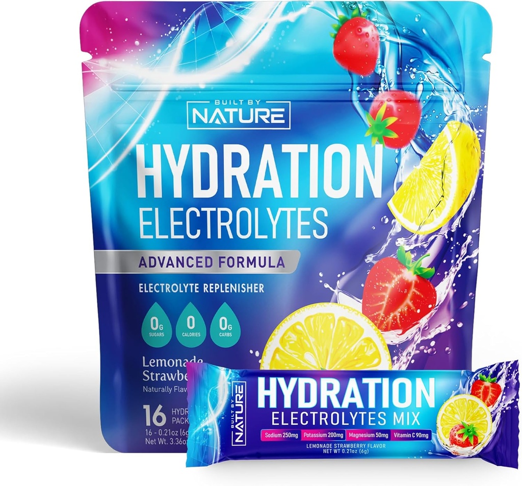 Elektrolyte Pulver Hydration Packets – Recovery Drink Mix mit Natrium, Kalium, Magnesium, Calcium, Vitamin C & Zink – Zuckerfrei, Keto, Non GMO & Vegan – Erdbeer-Lemonade – 16 Sticks