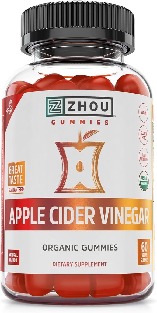 Zhou Apple Cider Essiggummis - ACV Gummies für Damen und Herren mit Elderberry, Köstlicher Geschmack mit Raw Cane Sugar, USDA Organic - 60 Vegan Gummies