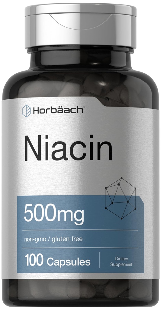 Horbäach Niacin | Vitamina B3 500mg | 100 capsule | con Flushing | Non OGM e Gluten Supplemento gratuito