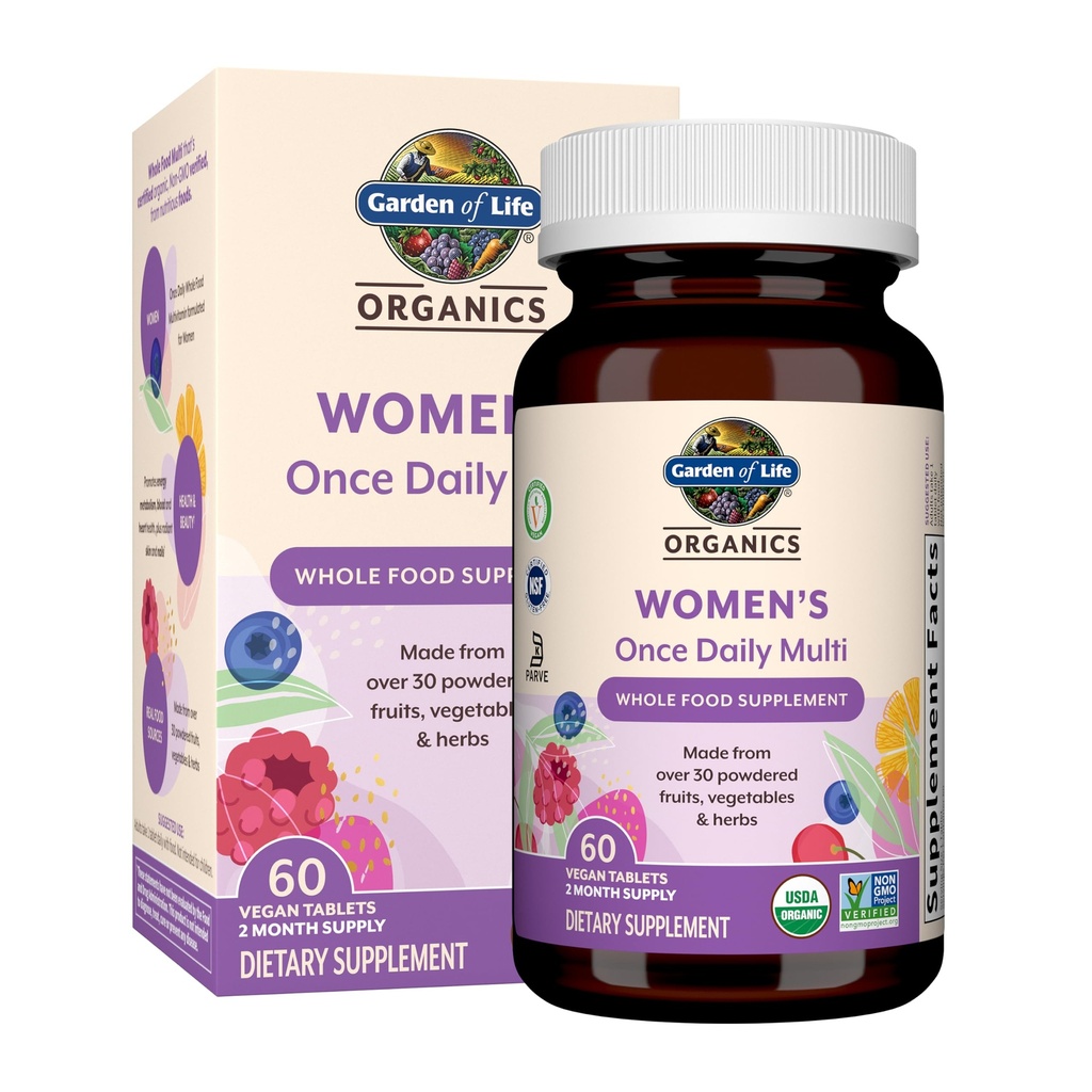 Garden of Life Organics Multivitamin for Women - Donna Una volta Quotidiano Multi - Cibo intero Multi con Ferro, Biotina, Vegan Organic Womens Multivitamin per Salute, Energia Capelli e Unghie, 60 compresse