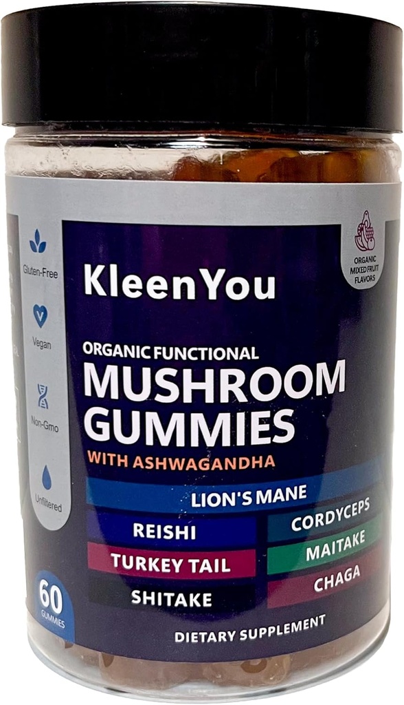 Lion's Mane & Ashwagandha Supplement Gummis - Umfassende Pilz-Ergänzung für kognitive und immune Unterstützung, Vegan Blend mit Reishi, Cordyceps - Low Carb, 60 Organic Mushroom Gummies
