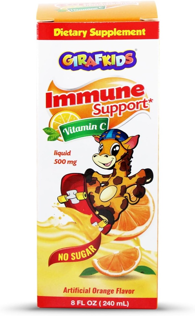 GirafKids Vitamine liquide C pour les enfants 4 ans et plus 8 Fl Oz, 500mg. Formule sans sucre avec des ingrédients sûrs et haut de gamme.