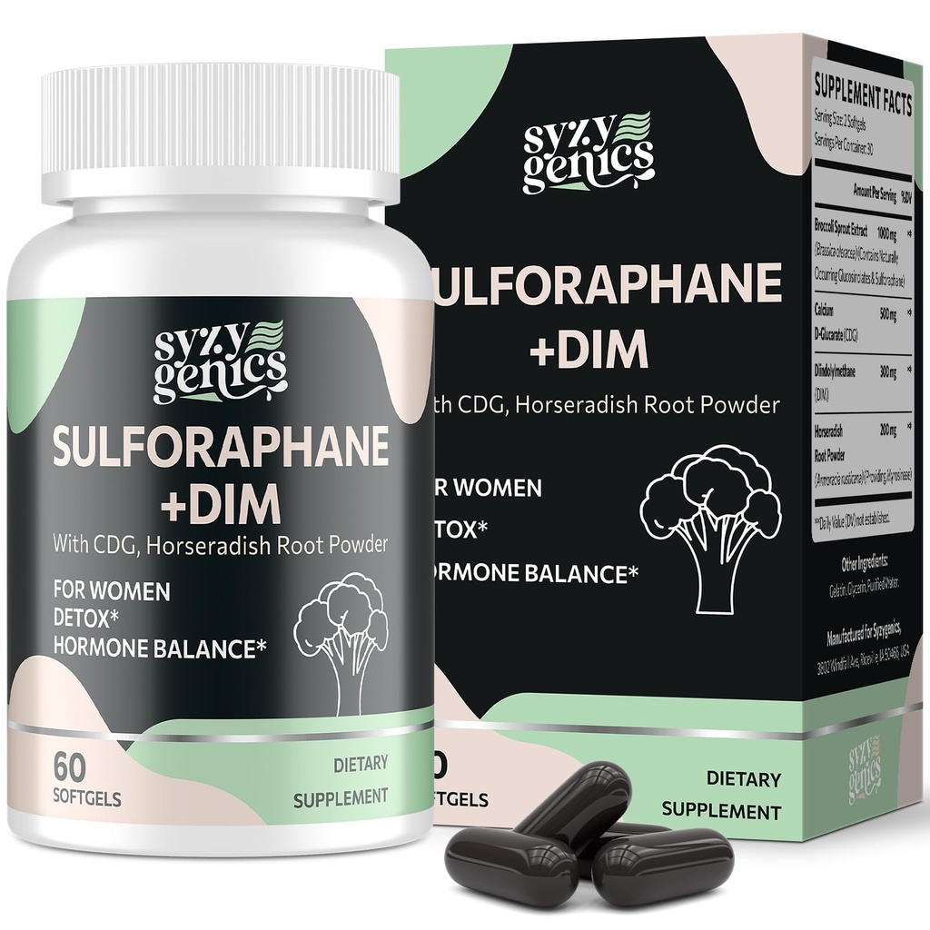 Sulforaphane Supplement from Broccoli Sprouts, DIM and CDG Triple Blend, Natural Enzyme Myrosinase for High Sulforaphane, Broccoli Supplement for Detox, Antioxidant and Balance, 60 Vegan Softgels