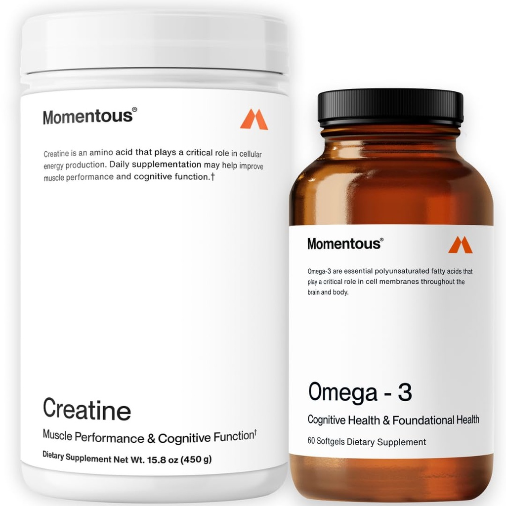 Momentous Creatine Monohydrate Powder & Omega-3 Fish Oil 1.600 mg - Täglich Omega-3 Supplement für EPA & DHA -Unterstützungen Stärke, Lean Muskel, Erholung, & Joint Health - NSF Zertifiziert für Sport