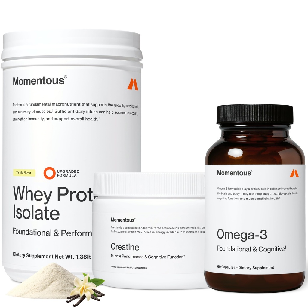 Momentous Three - Kreatin Monohydrat-Pulver (30 Portionen), Grass-Fed Whey Protein Powder (Vanilla) & Omega-3 Fish Oil 1600mg - Daily Essentials for Strength, Performance & Lean Muscle Recovery