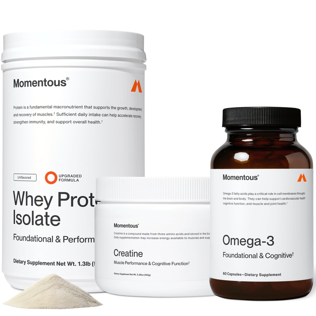 Momentous Tre - Polvere monoidrata della creatina (30 Serve), polvere di proteine del siero di erba-Fed (senza aroma) & Omega-3 Fish Oil 1600mg - Essentials giornalieri per la forza, le prestazioni e il recupero muscolare magra