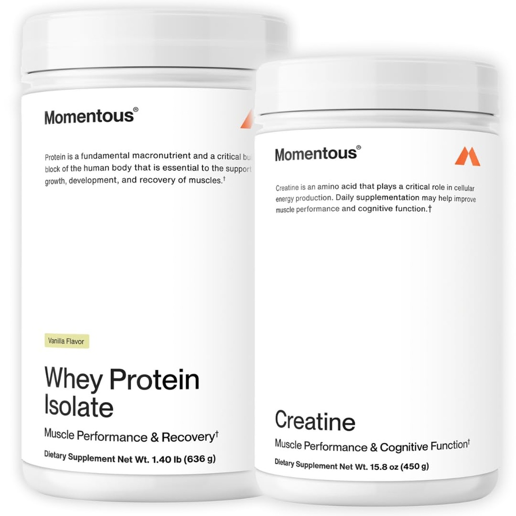 Momentous Creatine Monohydrate Powder & Essential Grass-Fed Whey Vanilla Protein Powder - Supports Strength, Lean Muscle, & Recovery - 20 g Isolate Protein - NSF Certified for Sport - Gluten-Free