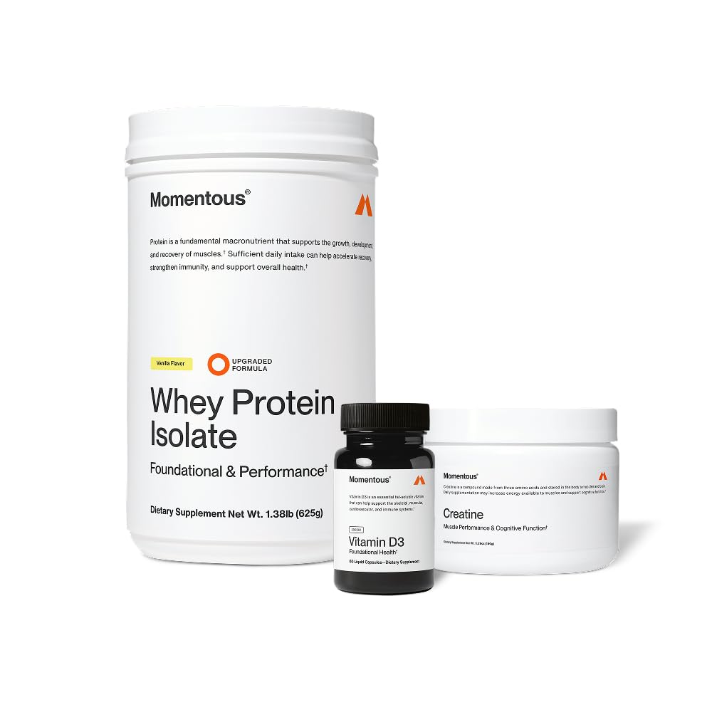 Momentous Arnold's Stack - Creatine Monohydrate Powder, Essential Grass-Fed Whey Protein Powder (Vanilla) & Vitamin D3 (2000 IU) - Daily Fundamentals to Support Muscle Strength & Longevity