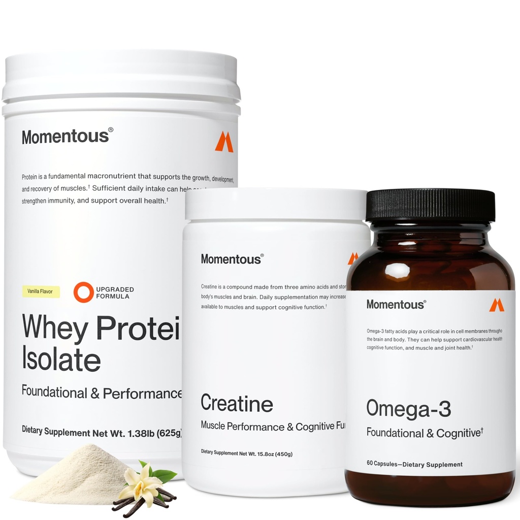 Momentous Three - Creatine Monohydrate Powder (90 Servings), Grass-Fed Whey Protein Powder (Vanilla) & Omega-3 Fish Oil 1600mg - Daily Essentials for Strength, Performance & Lean Muscle Recovery