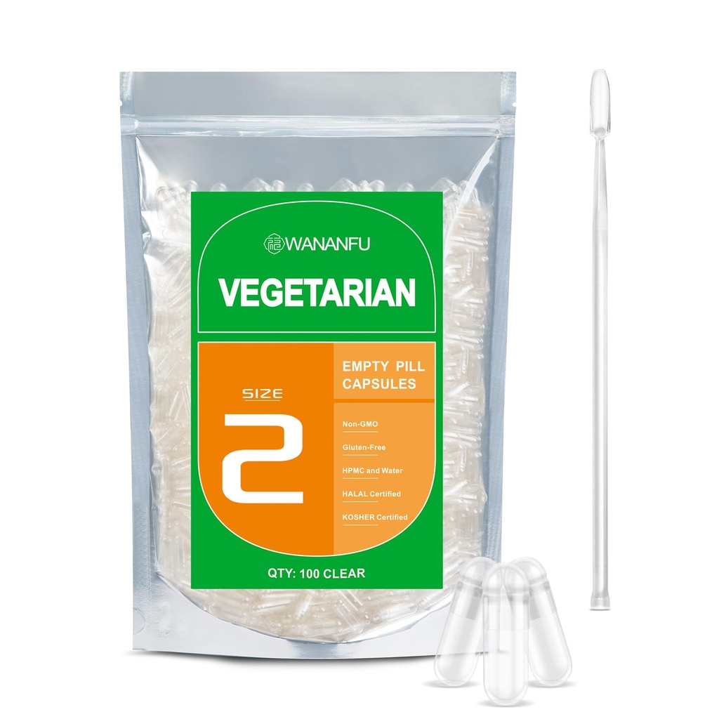 wananfu Größe 2 Leere Kapseln Vegetarisch (100 Zähler) Bundle mit 2 Micro Lab Spoons, Klare füllbare Veggie Pillen Kapseln Größe 2 für Ihre eigenen Ergänzungen