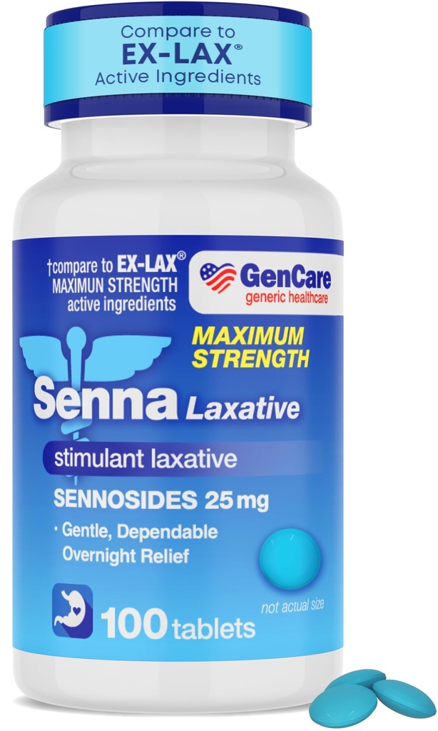 GenCare - Maximum Strength Senna Laxative 25mg (100 Tablets) - Gentle Constipation Relief Sennosides USP Stimulant Laxatives Digestion Pills - Natural Overnight Relief while You Sleep - Generic Ex Lax