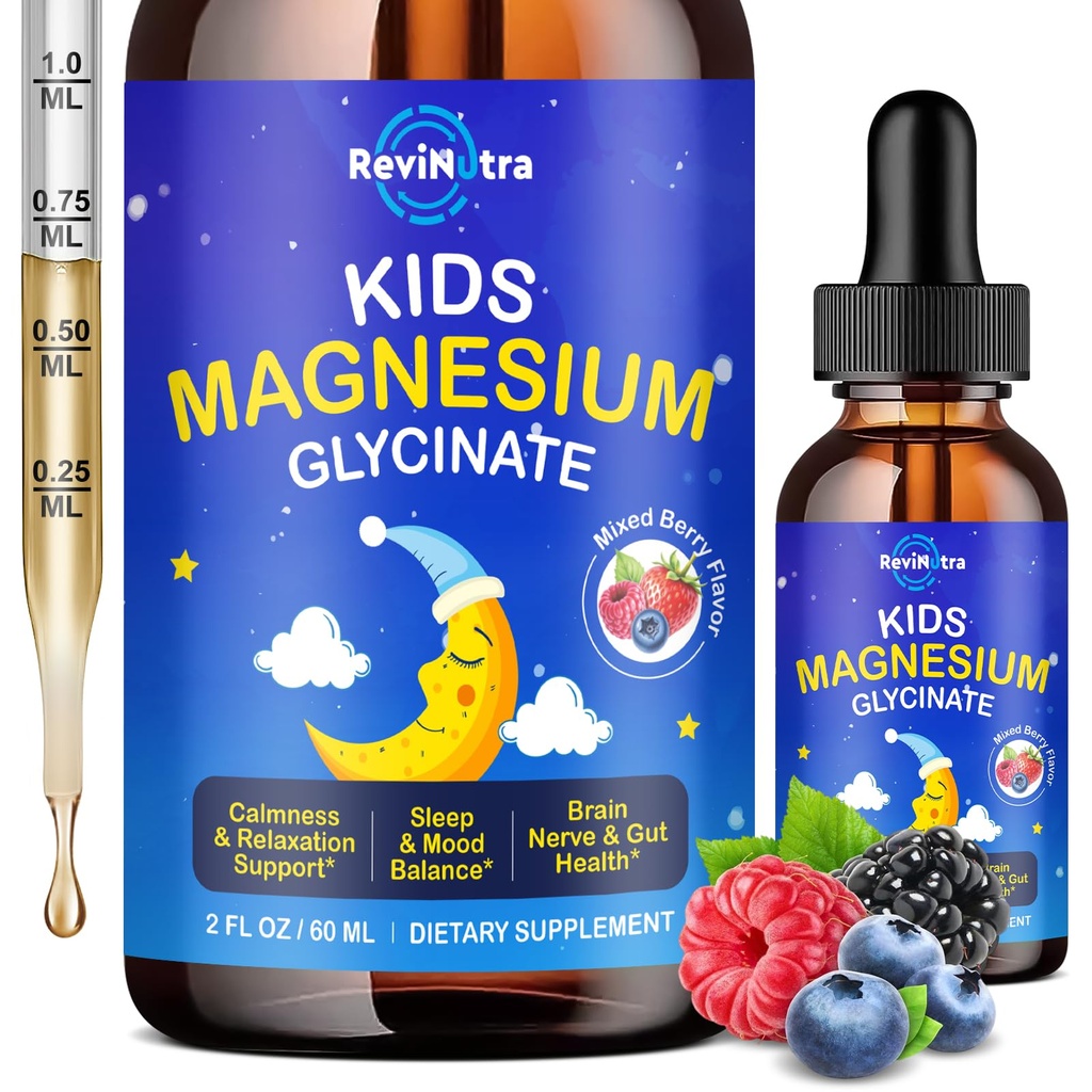 Magnesium Glycinate Liquid for Kids - Citrate, Malate with Omega-3, L-Theanine, GABA, Chamomile, 5-HTP, D3, Zinc, Kids Magnesium Drops for Sleep, Calm, Relaxation & Focus, Mixed Berry Flavor, 2 Fl Oz