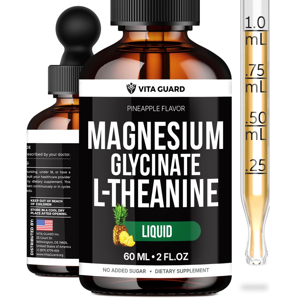 Vita Guard Magnesium Glycinate 500mg & L-Theanine 200mg Liquid Drops – Maximum Absorption Sleep, Calm & Stress Relief Supplement – Sugar-Free, Natural Pineapple Flavor, Non-GMO – 60ml, 30-Day Supply