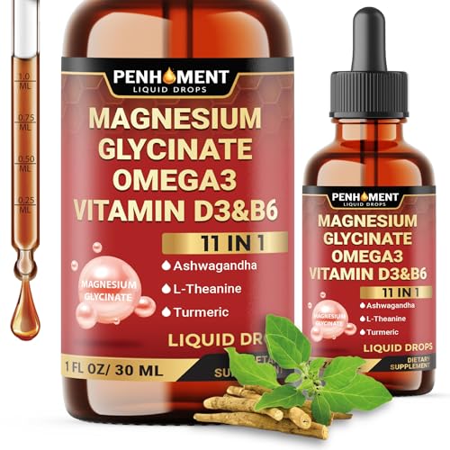 11in1 Magnesium Glycinate Liquid Drop with Omega-3 Supplement, Ashwagandha Drops, L-Theanine, Turmeric, Magnesium Complex Supplement - 1FL Oz - 2 Month Supply