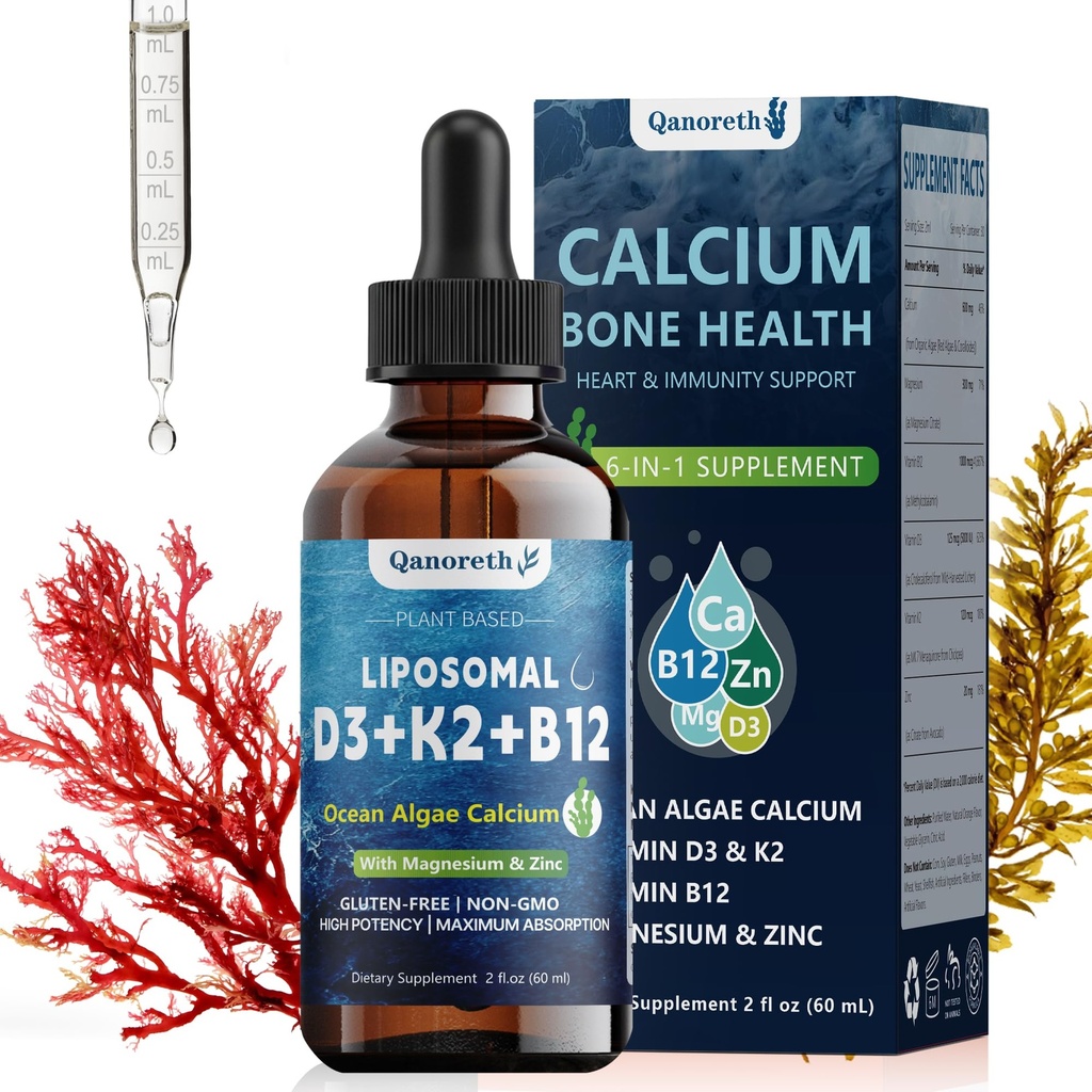 6-in-1 Liposomal Calcium 600 mg, Vitamin D3 & K2, Plant Based Vegan Liquid Algae Ca-lcium & Magnesium Zinc D3 5000 IU Supplement + K2 MK7 + Methyl B12, Maximum Absorption for Bone,Heart&Immune Health