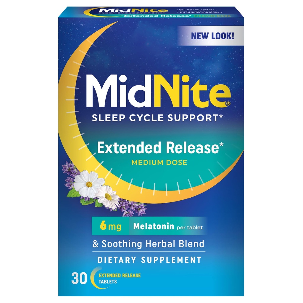 MidNite Extended Release Medium Dose, 6 mg Melatonin Schlafhilfe, Non-Habit Forming, pflanzliche Nahrungsergänzung für Erwachsene, Drug-Free, Glutenfrei, Lactosefrei, Vegetarisch, Vegan, 30 Tabletten
